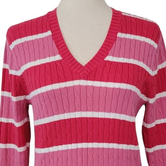 Jeanne Pierre Pink Striped V-neck Cable Knit 3/4 Sleeve Sweater Size M - Picture 6 of 8